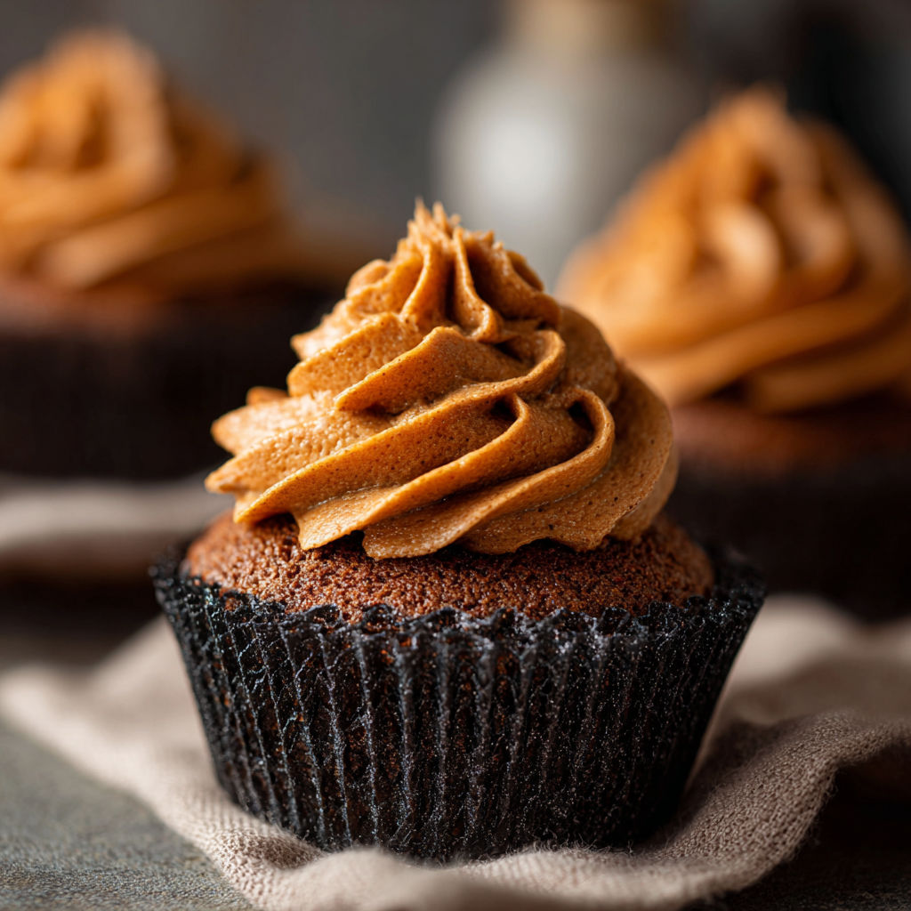 A cupcake with a chocolate frosting and a caramel swirl.
