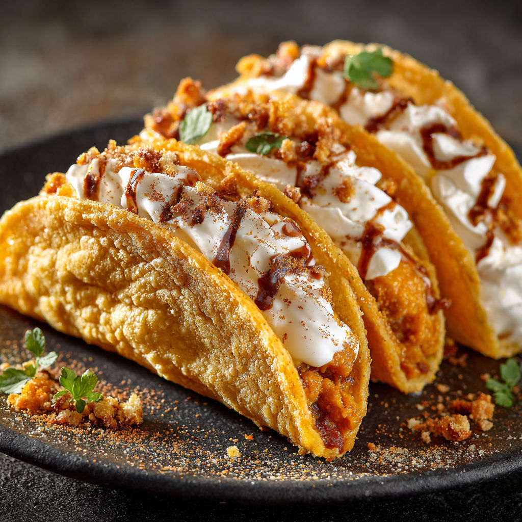 A plate of tacos with white sauce and toppings.