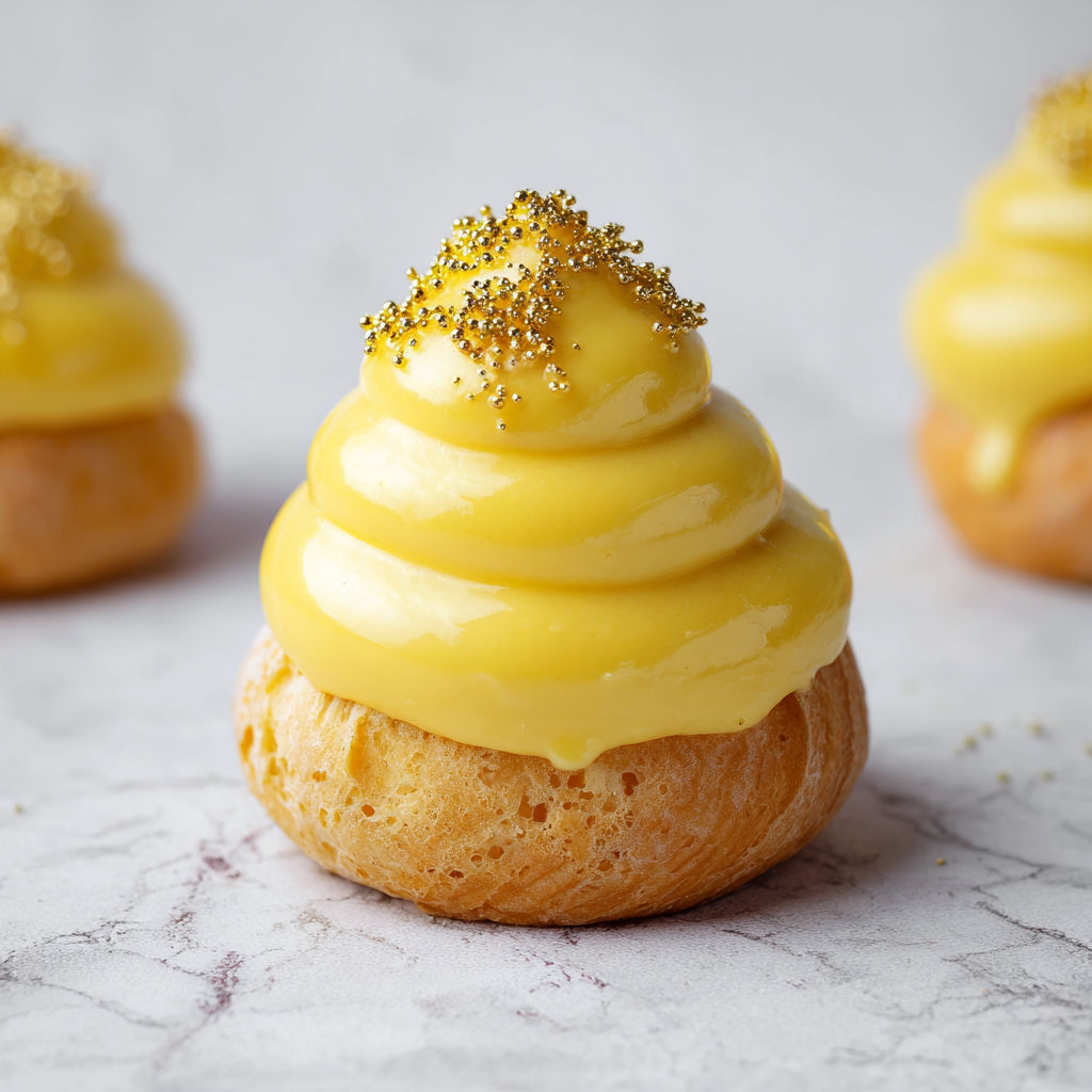 Three lemon cream puffs with gold sprinkles on top.