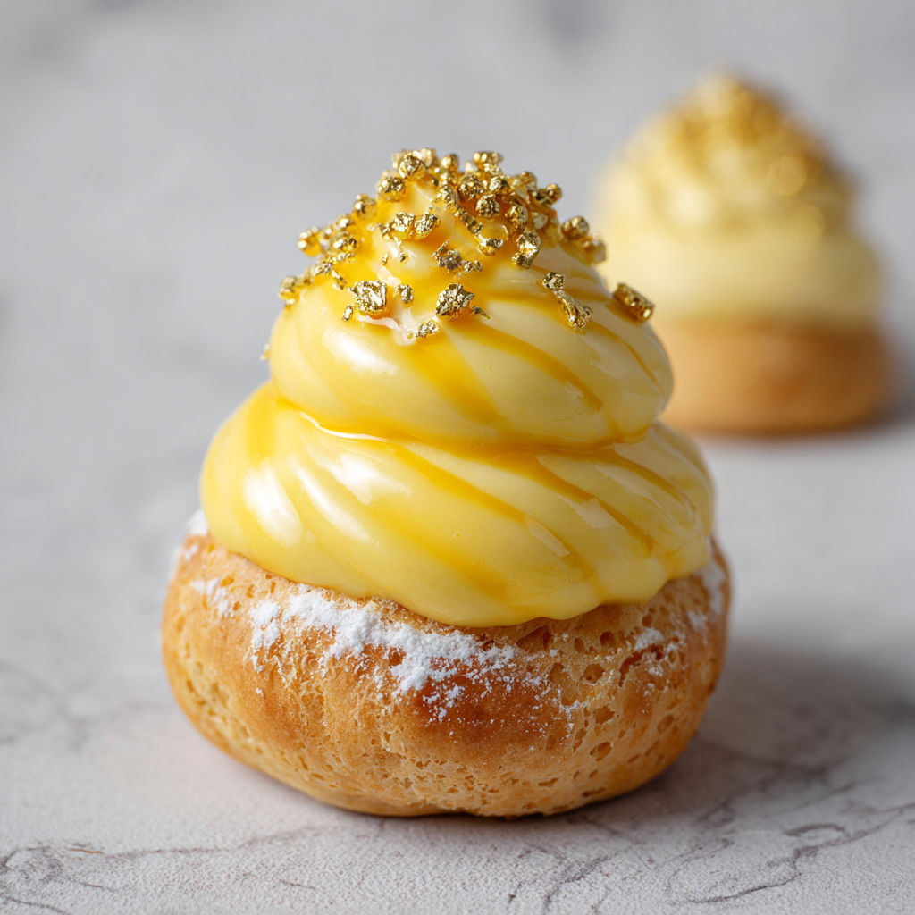 A yellow dessert with gold sprinkles.