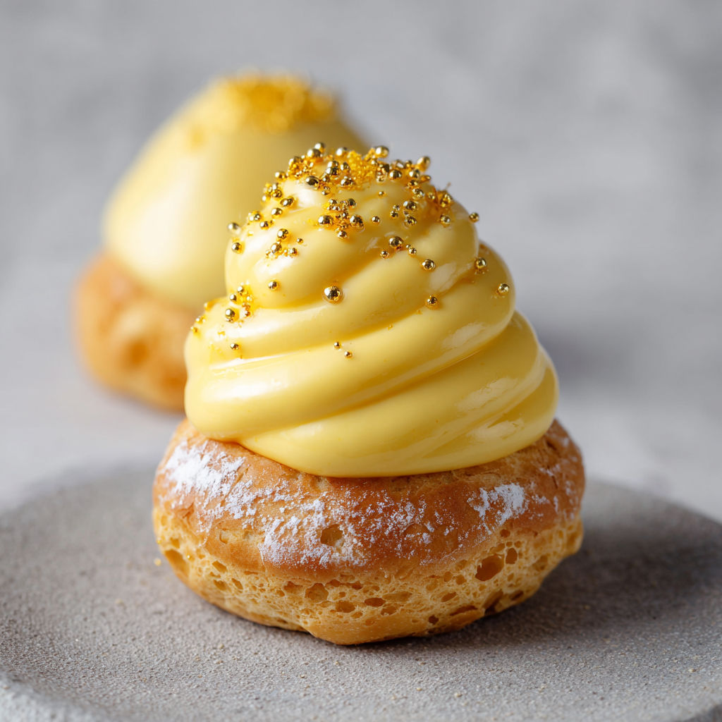 A pastry with a yellow filling and sprinkles on top.