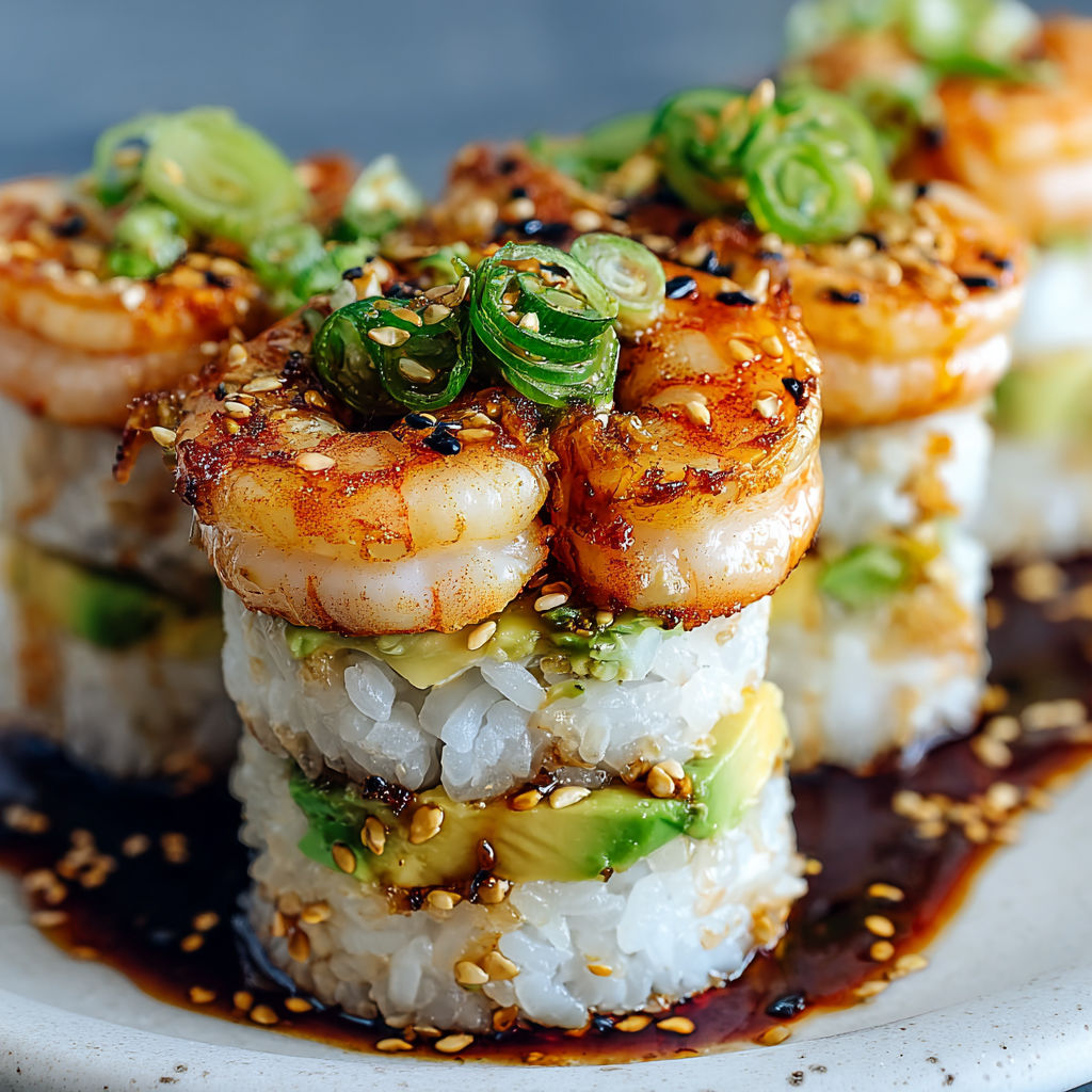 Spicy shrimp sushi stacks with rice and avocado.