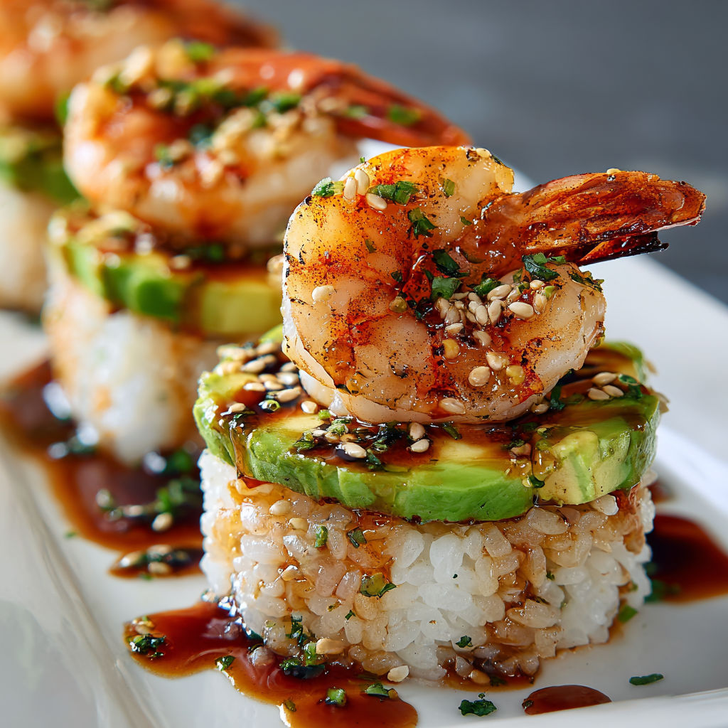 A plate of shrimp and rice with a sauce.