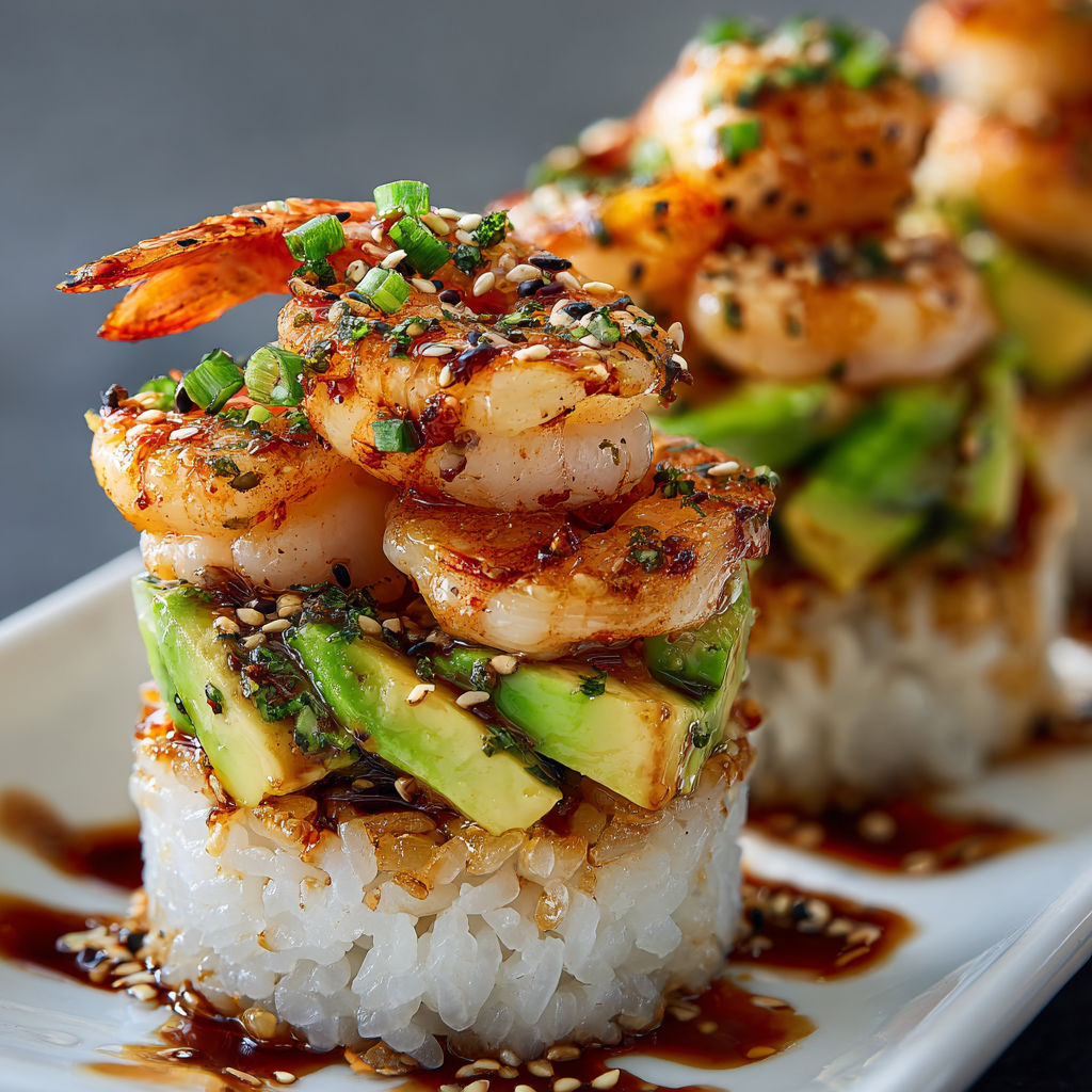 A plate of food with shrimp and avocado.