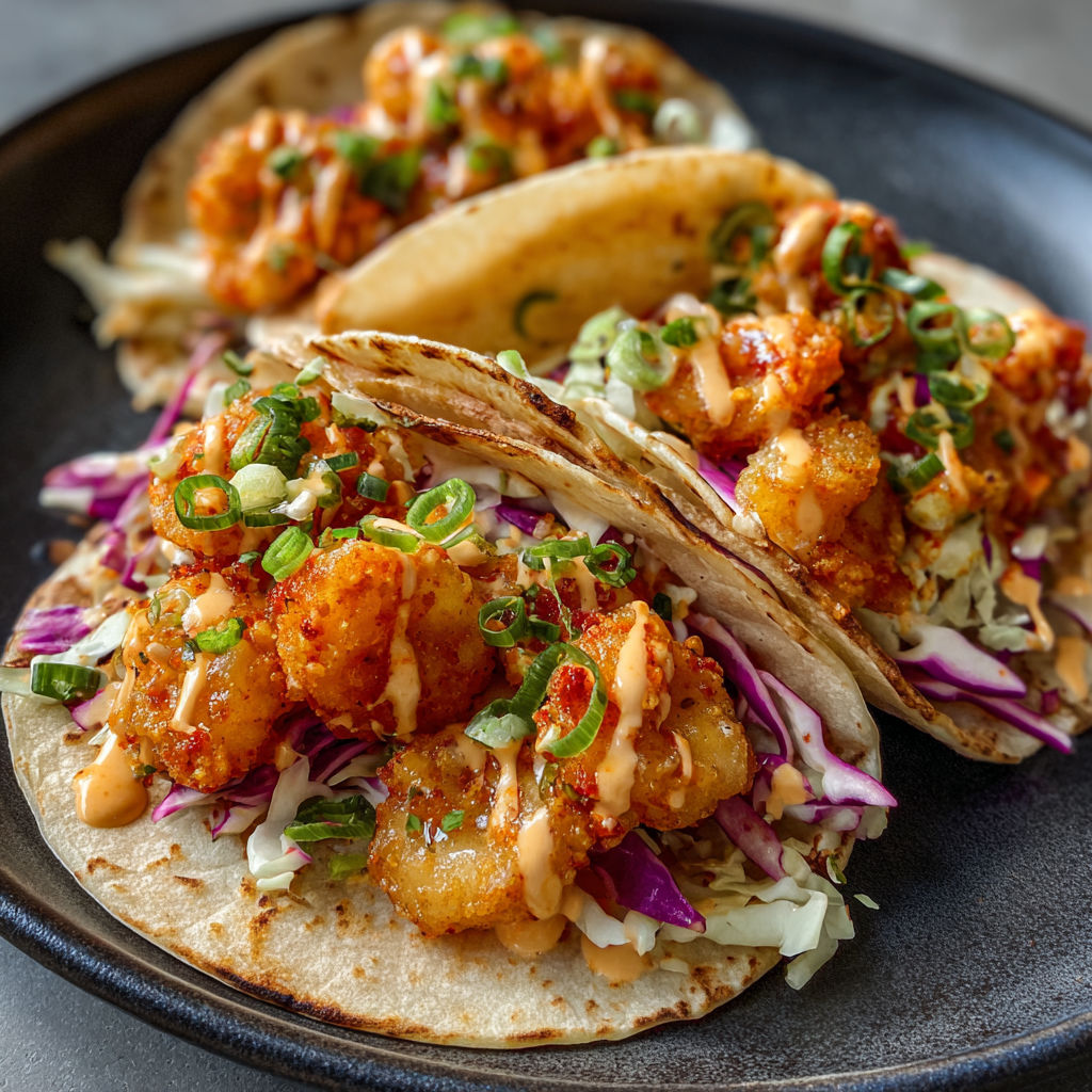 Two tacos with shrimp and sauce.