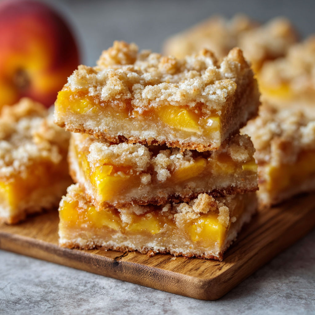 A stack of peach bars on a wooden cutting board.