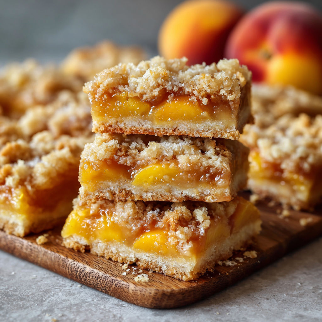 A stack of desserts with a peach on top.