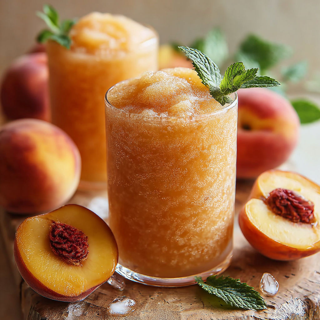 Two glasses of frozen peach lemonade.