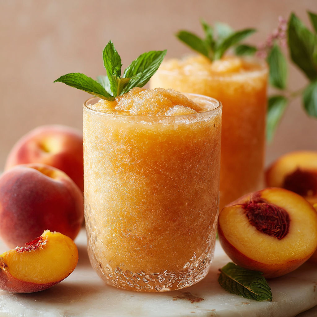 A glass of peach juice with a mint garnish.