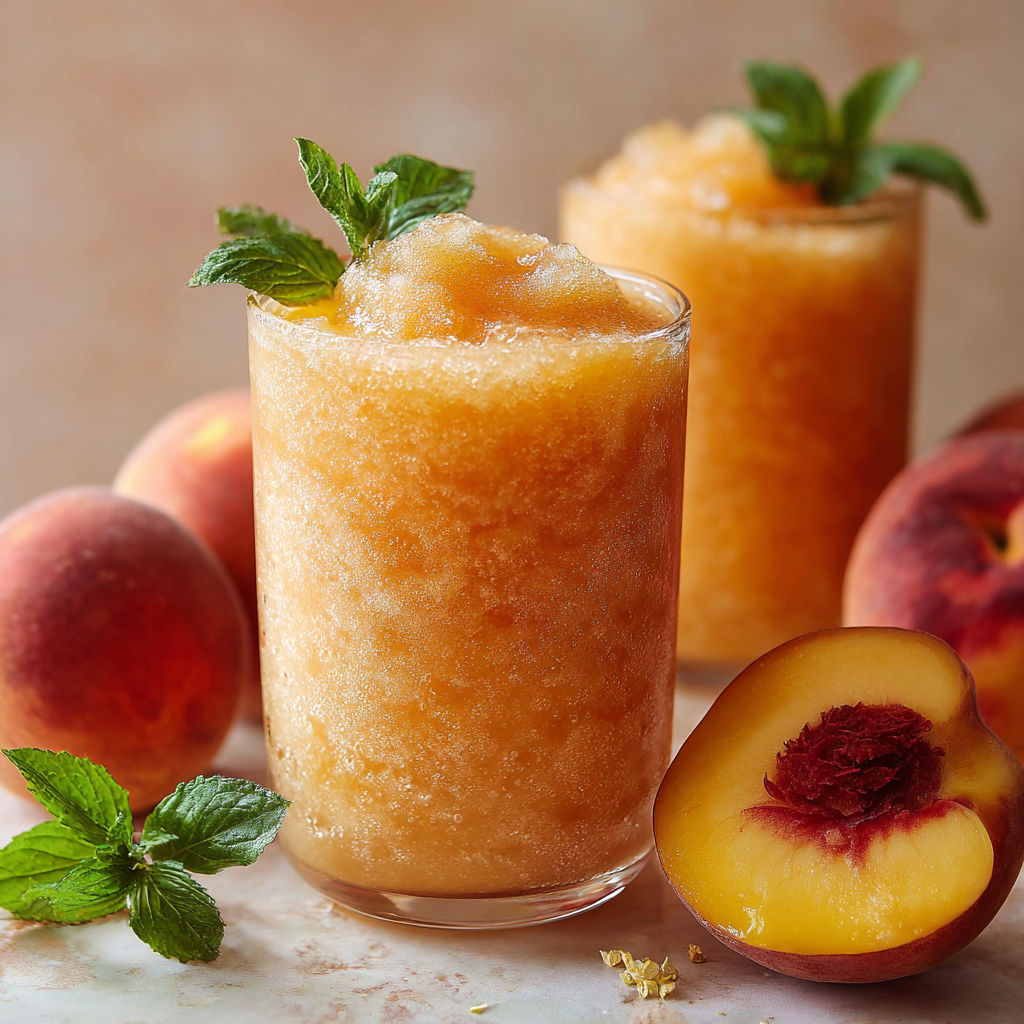 A glass of peach juice with a peach slice in it.