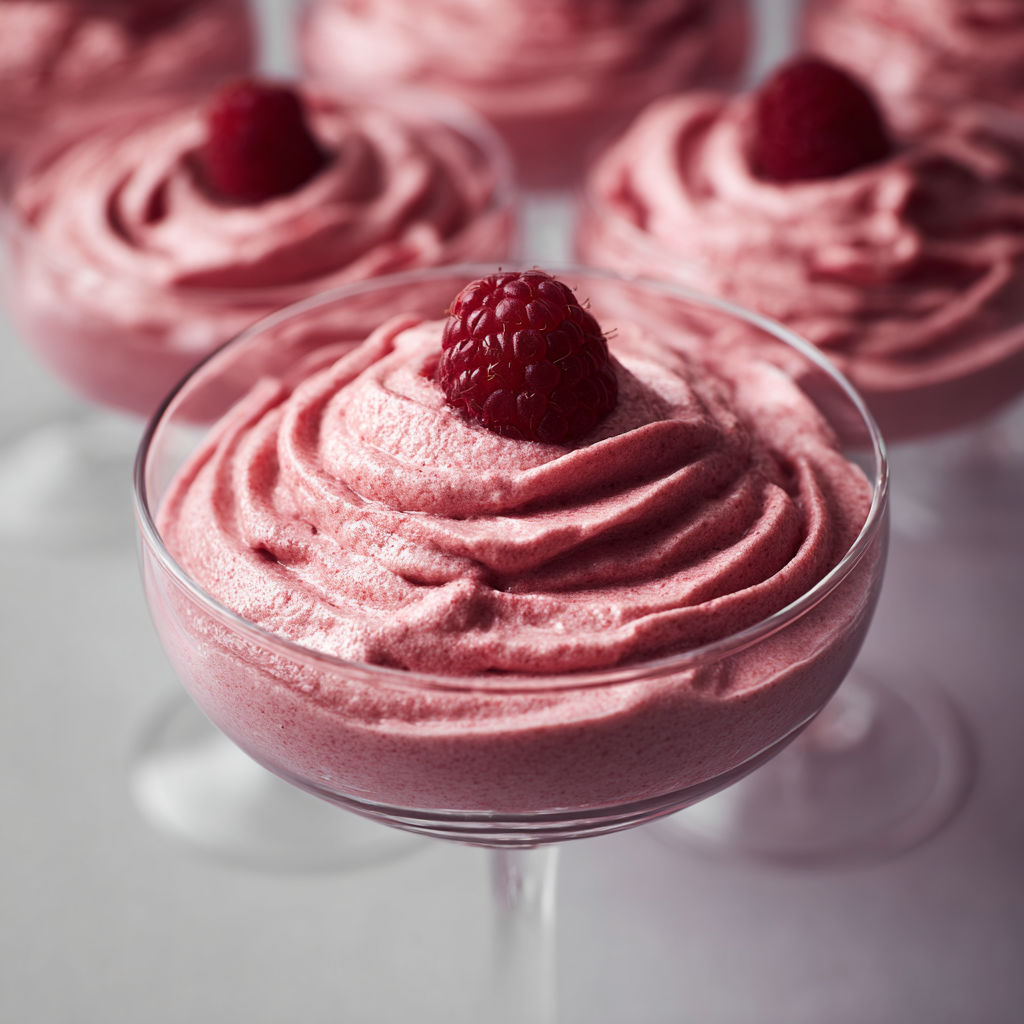 A glass of raspberry mousse with a raspberry on top.