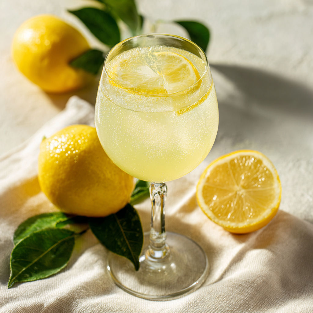 A glass of lemonade with a lemon wedge on the side.