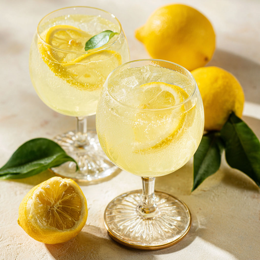 Two glasses of lemonade with lemon slices in them.