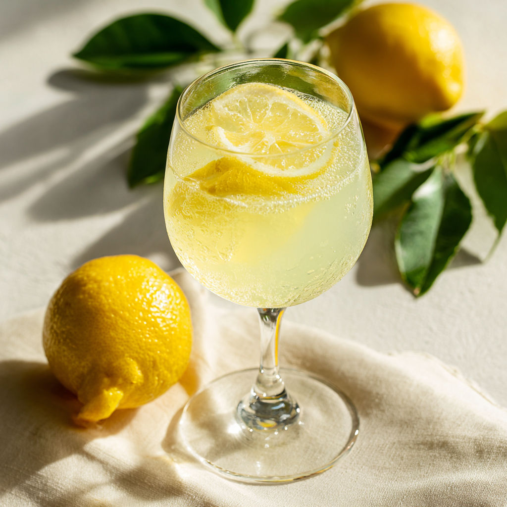 A glass of lemonade with a lemon wedge in it.