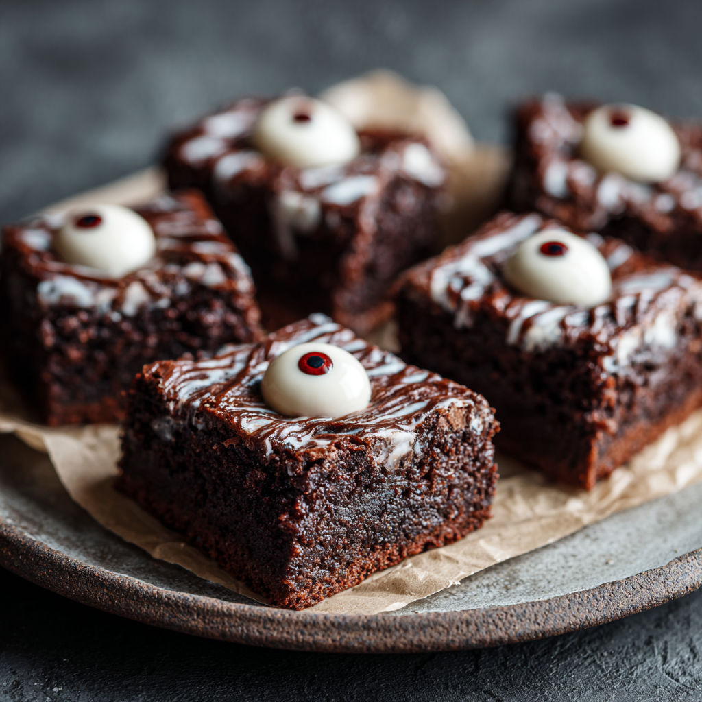 A plate of brownies with white eyes.