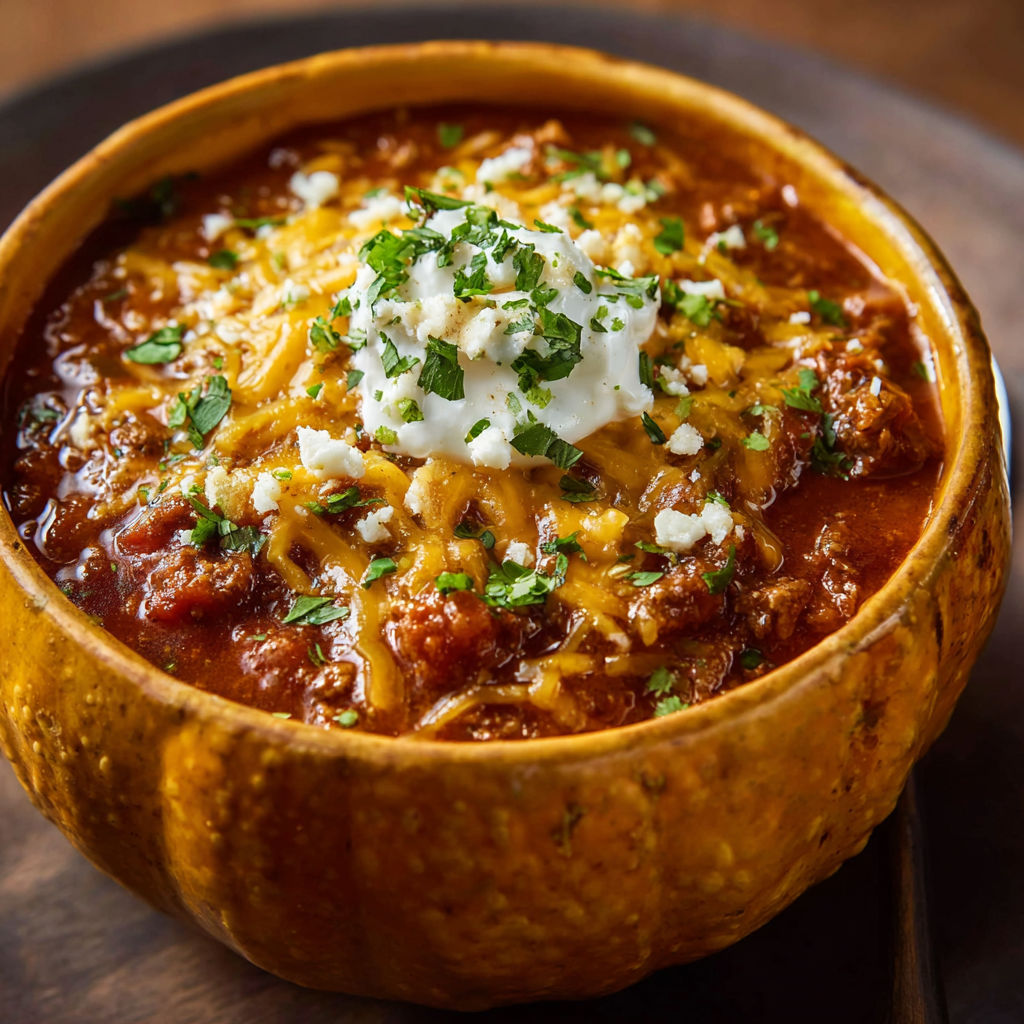 A bowl of chili with a dollop of sour cream on top.