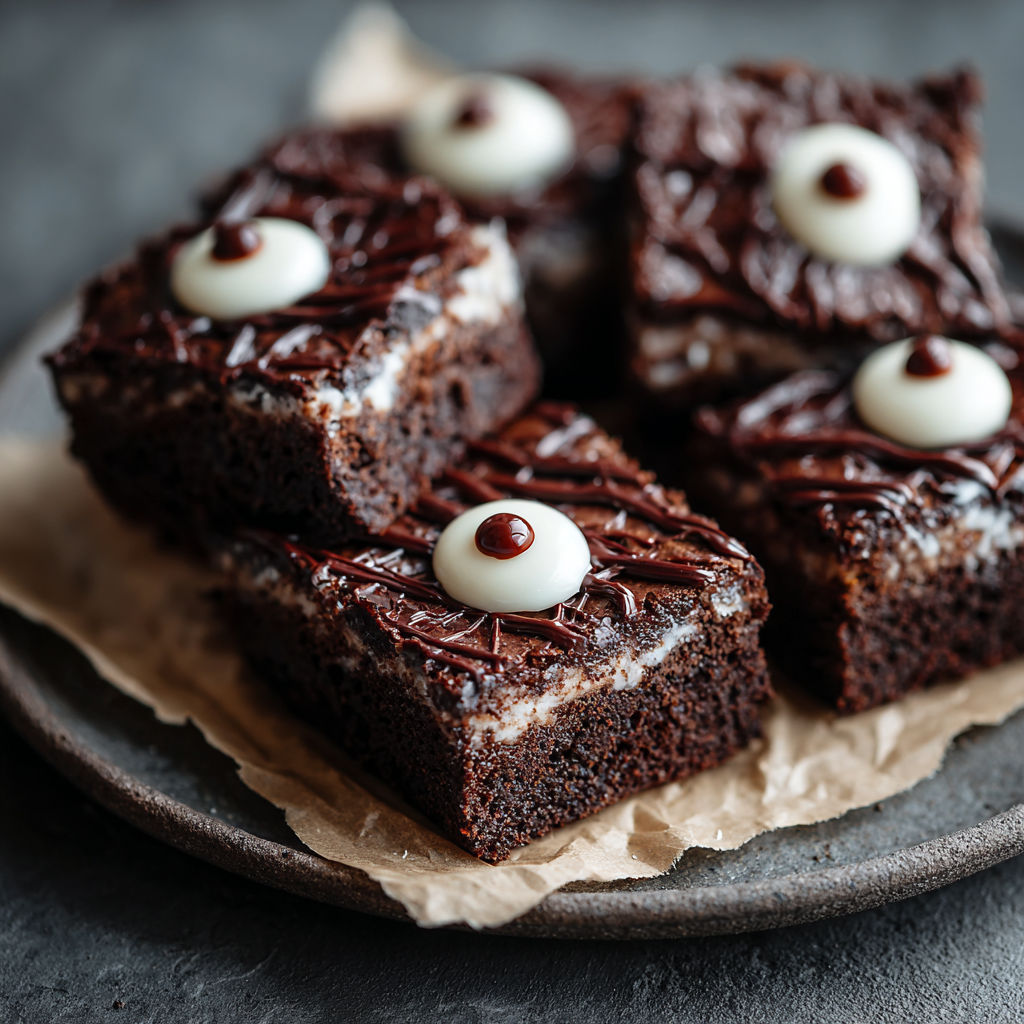 A plate of brownies with white eyes.