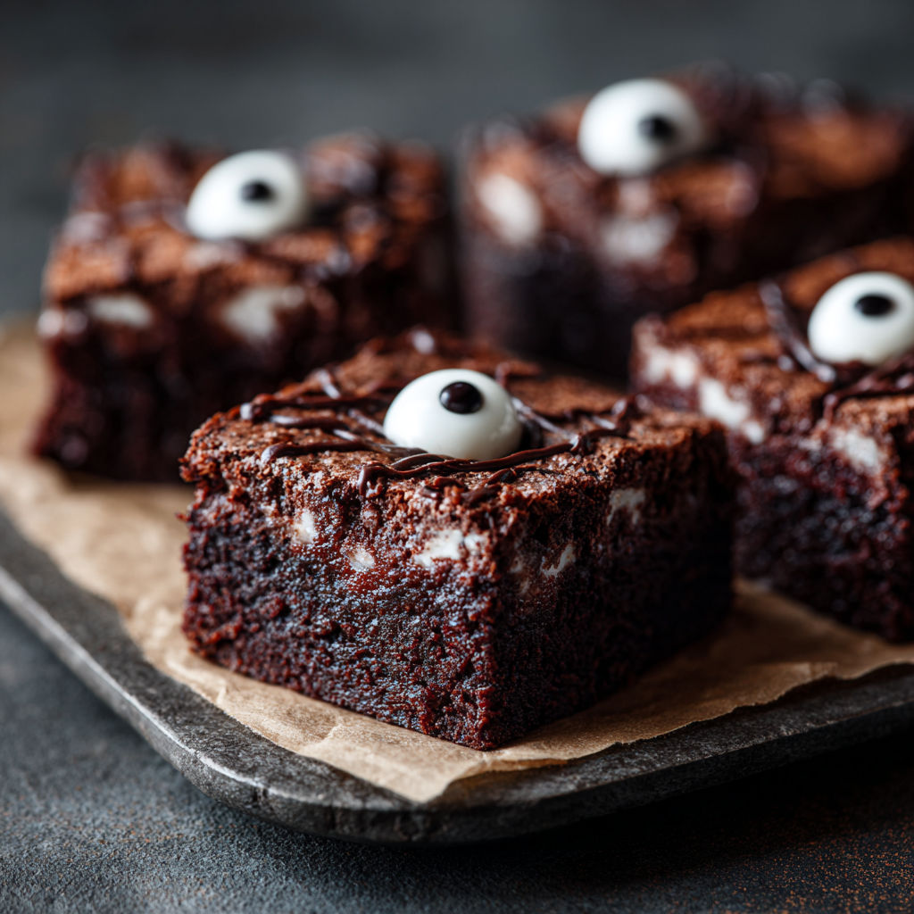 A plate of brownies with eyeball toppings.