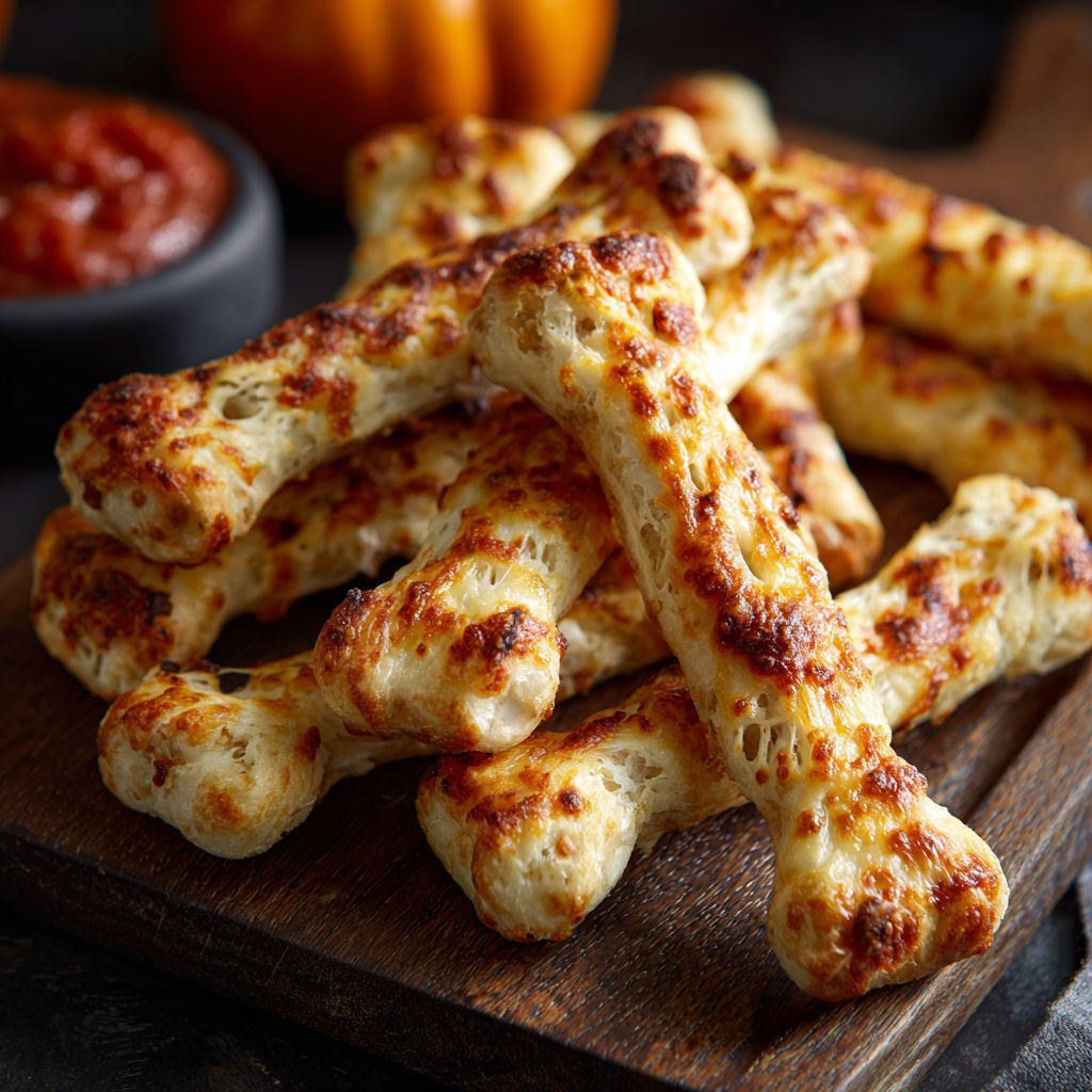 A wooden cutting board with a pile of breadsticks.