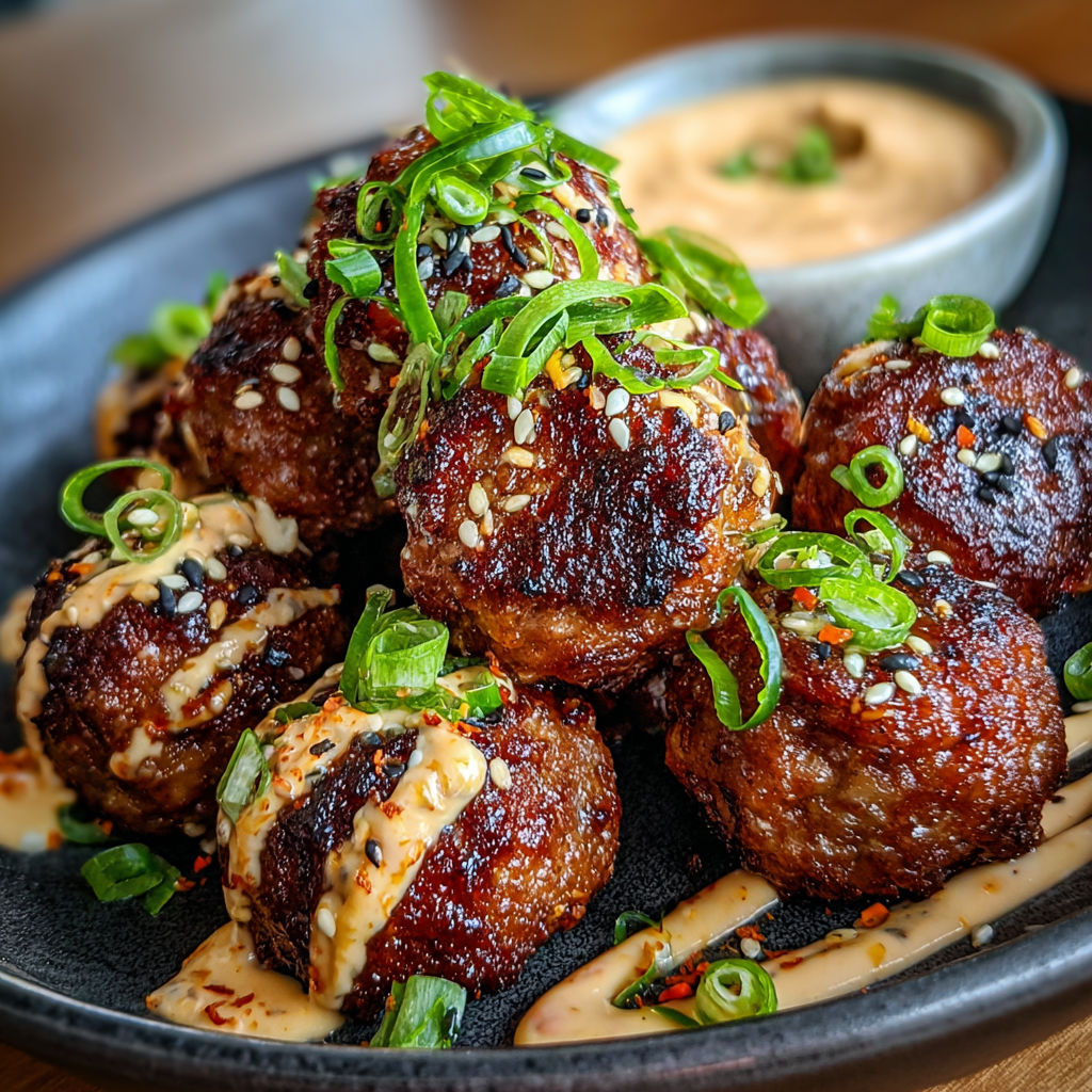 A plate of meatballs with spicy mayo dip.