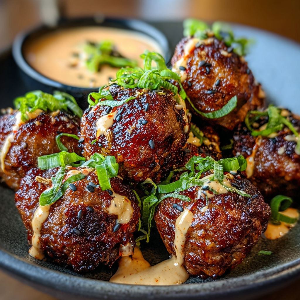 A plate of meatballs with spicy mayo dip.