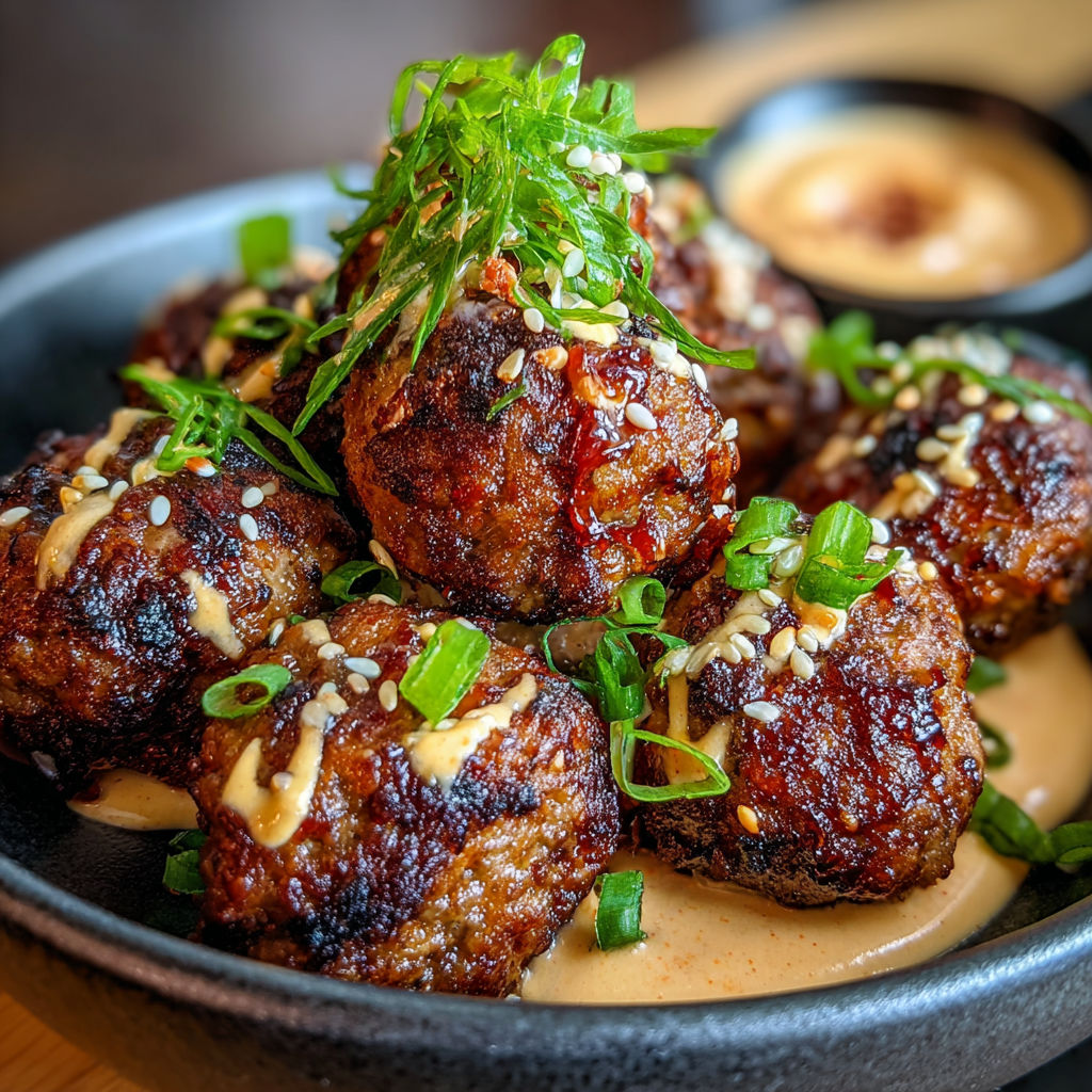 A bowl of meatballs with spicy mayo dip.