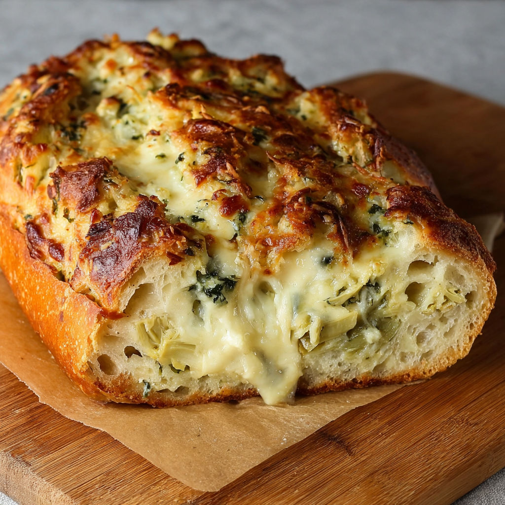 A slice of spinach and artichoke stuffed bread.