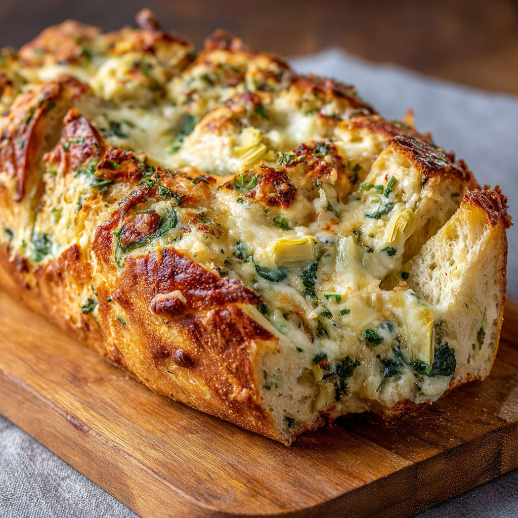 A slice of spinach and artichoke stuffed bread.