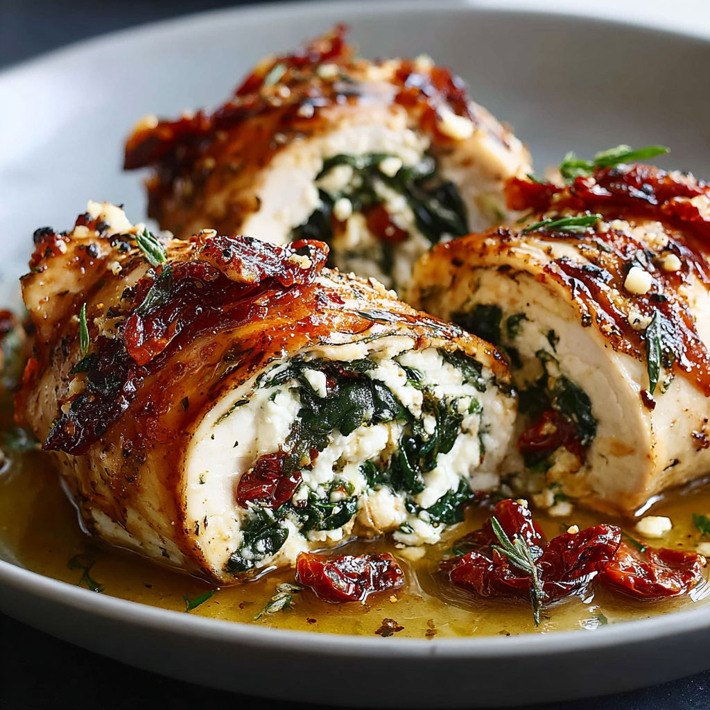 A plate of rolled up chicken with feta.