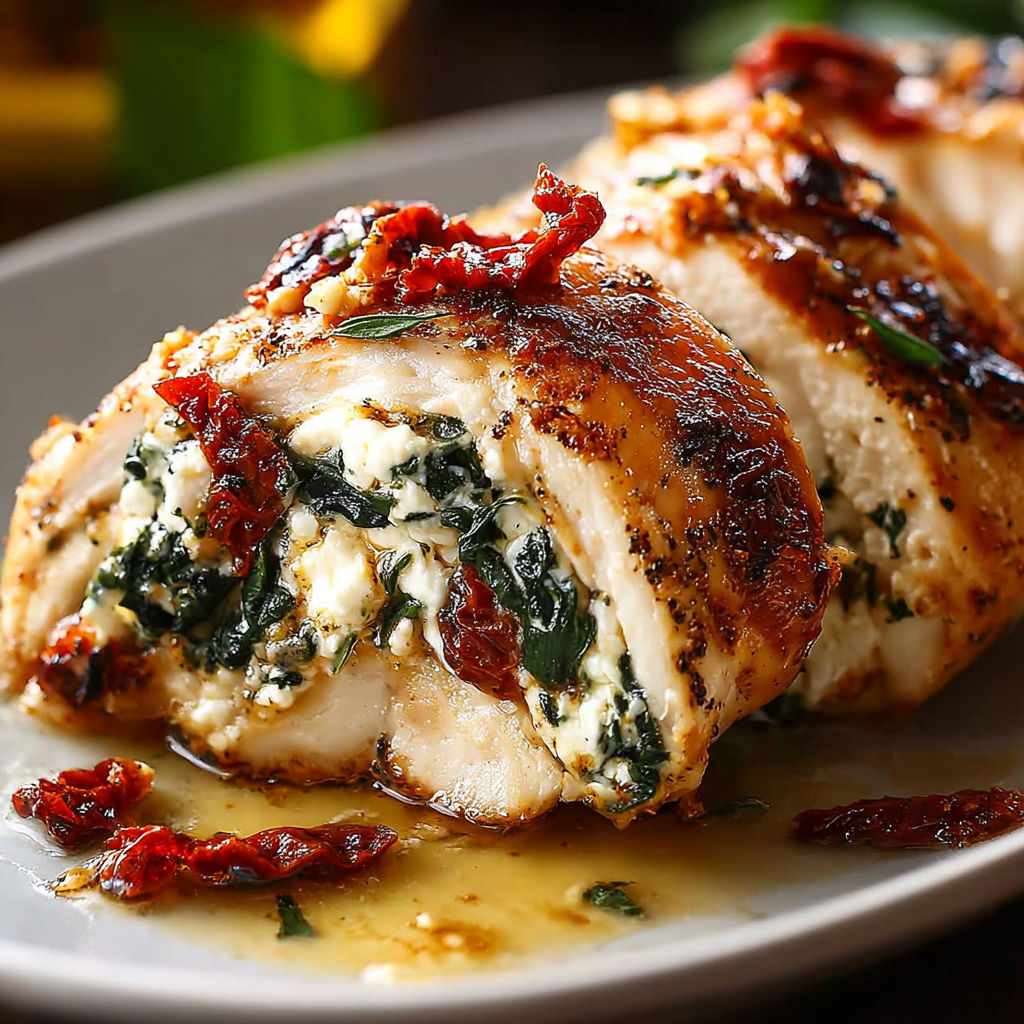 A plate of chicken with feta cheese.