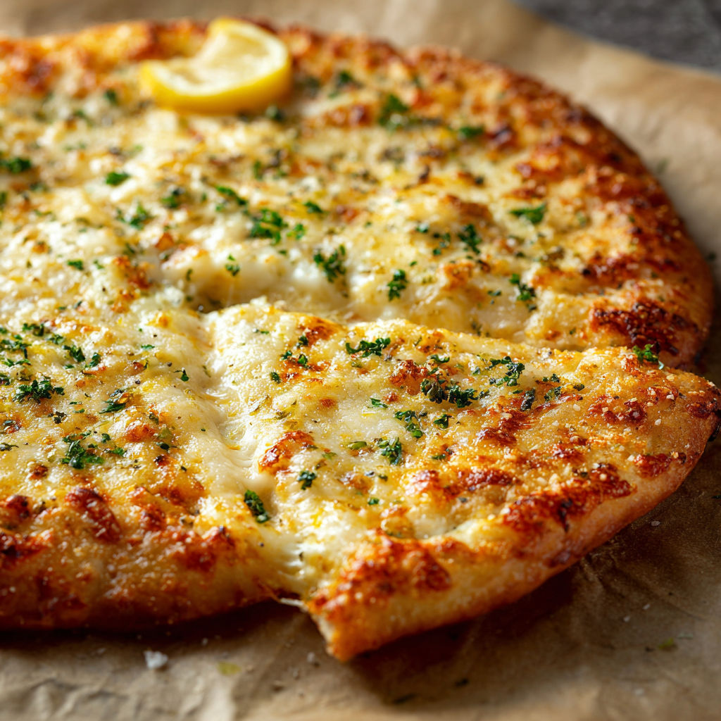 A slice of pizza with lemon on top.