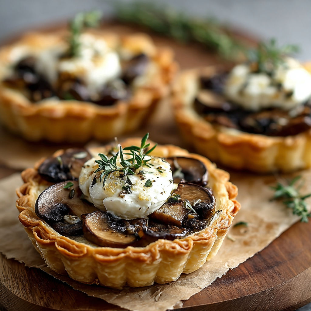 Three tarts with mushrooms and goat cheese.