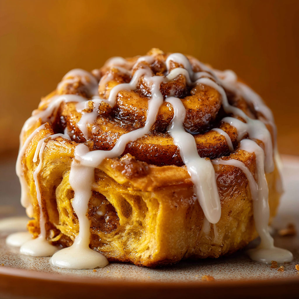 A cinnamon roll with white icing on a plate.