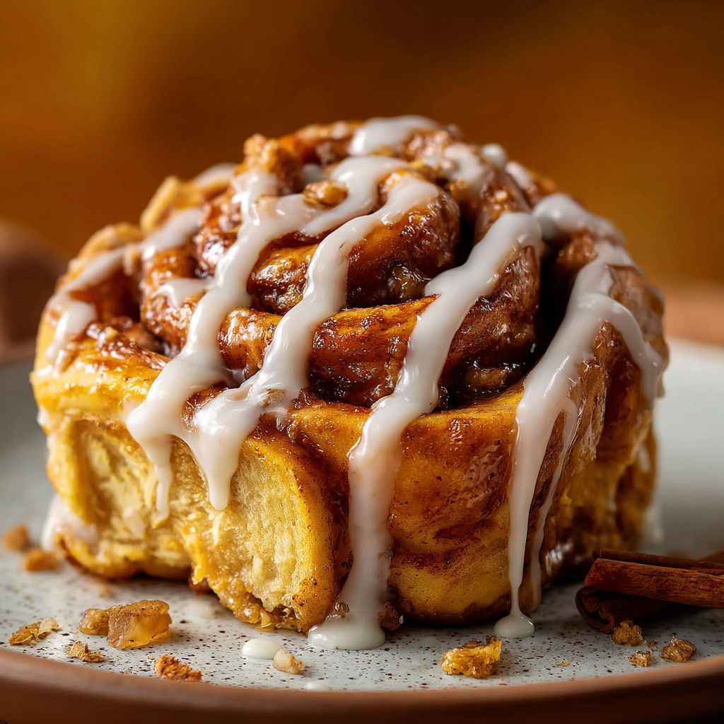 A close up of a cinnamon roll with icing.