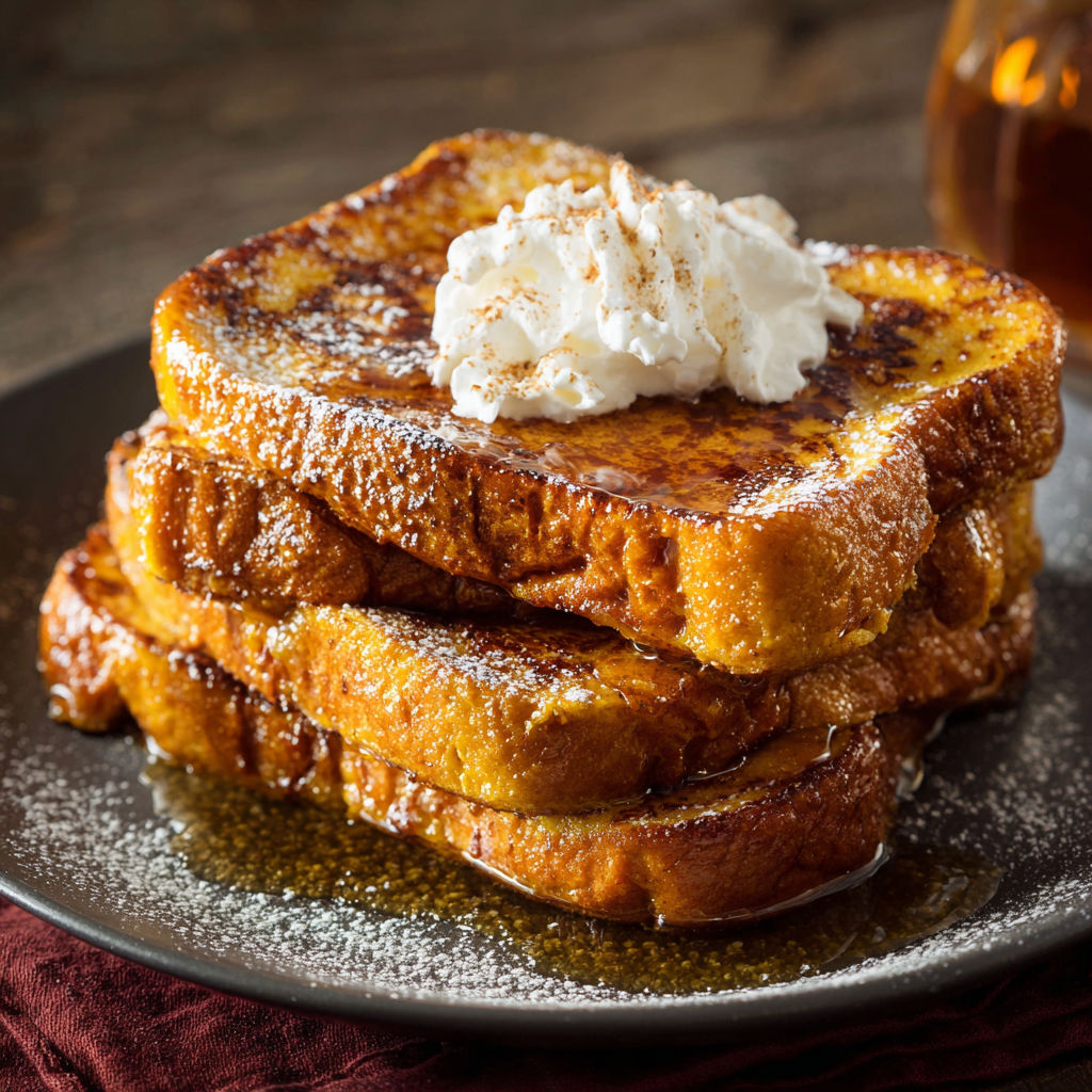A stack of French toast with whipped cream and pumpkin seeds on top.