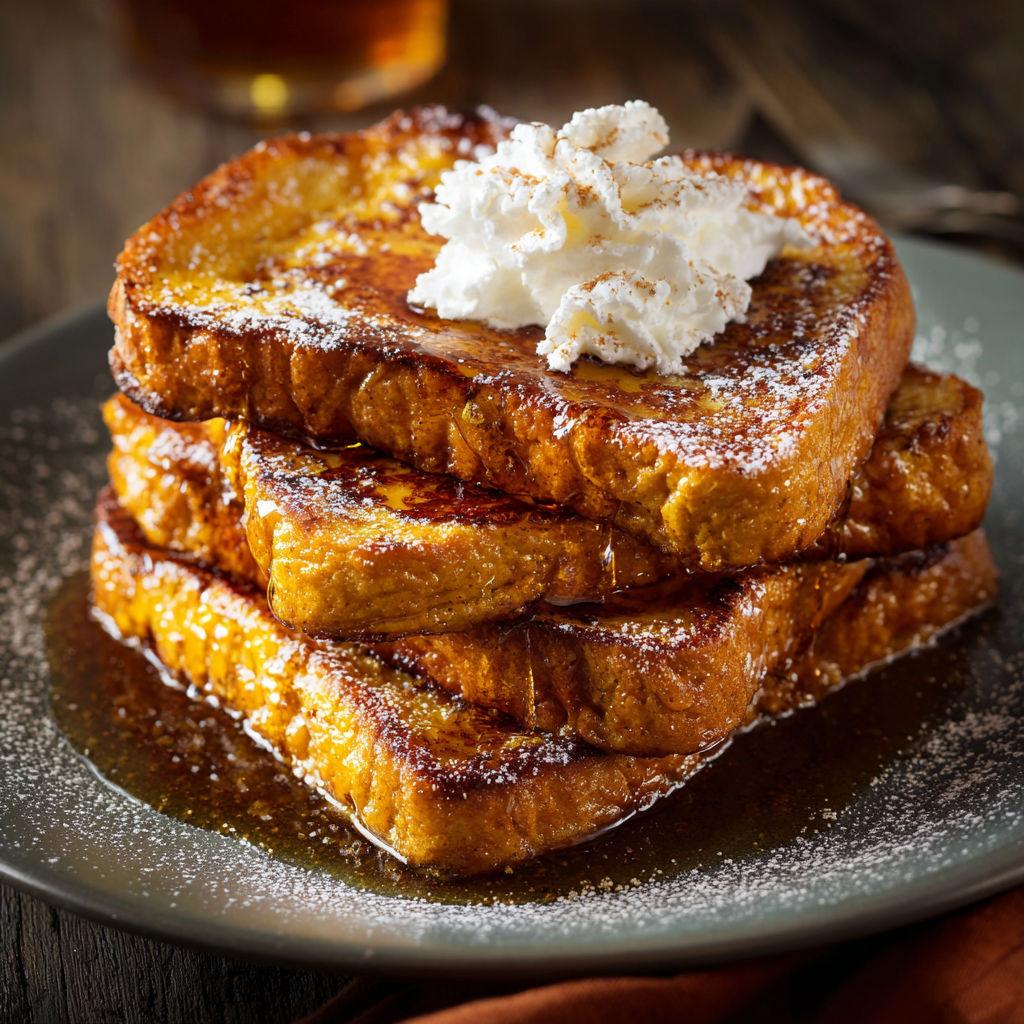 A stack of French toast with whipped cream on top.
