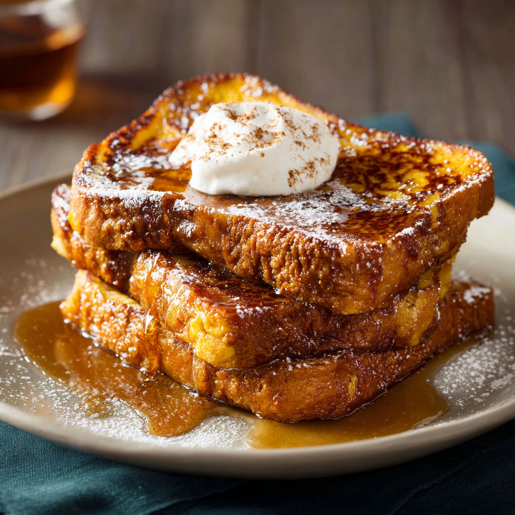 A stack of French toast with powdered sugar on a plate.