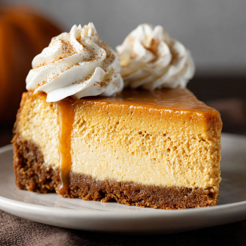 A slice of pumpkin cheesecake with whipped cream on top.