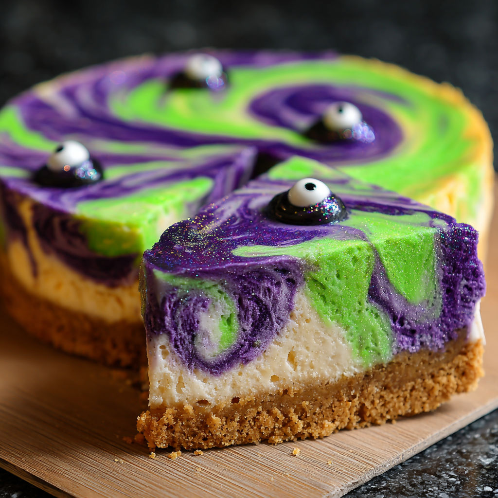 A slice of cake with purple frosting and green eyes.