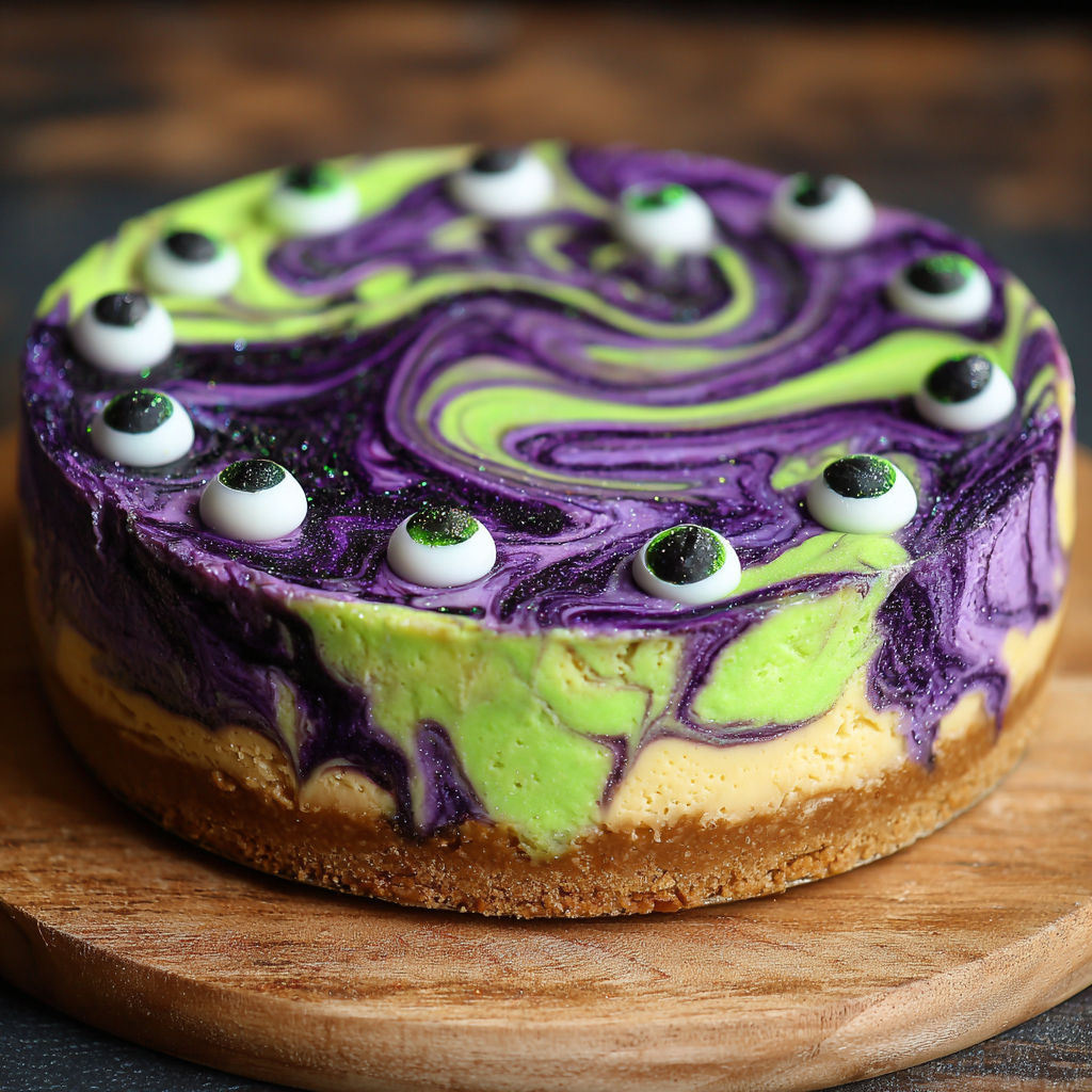 A slice of cake with purple frosting and green eyes.