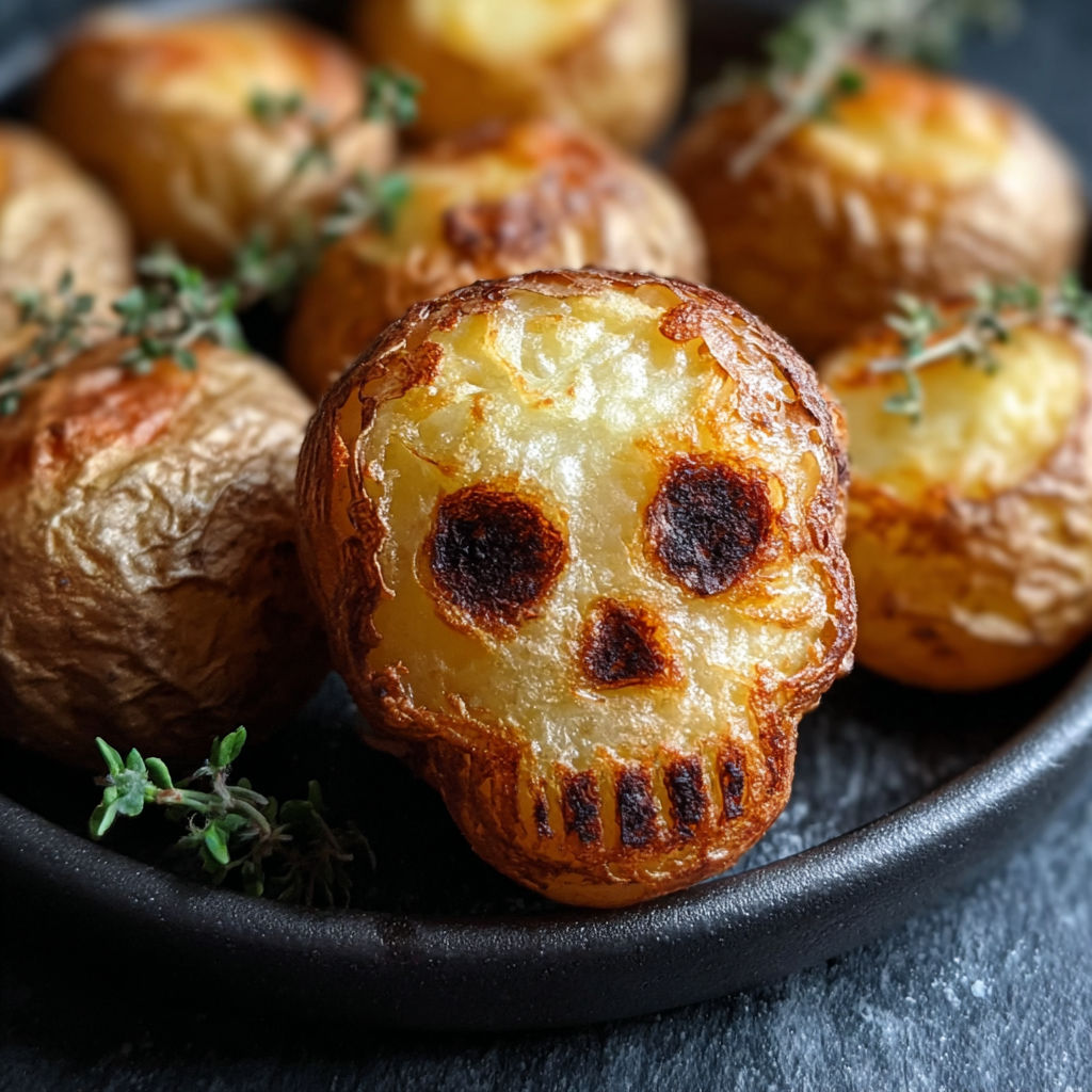 A bowl of potatoes with a skull on them.