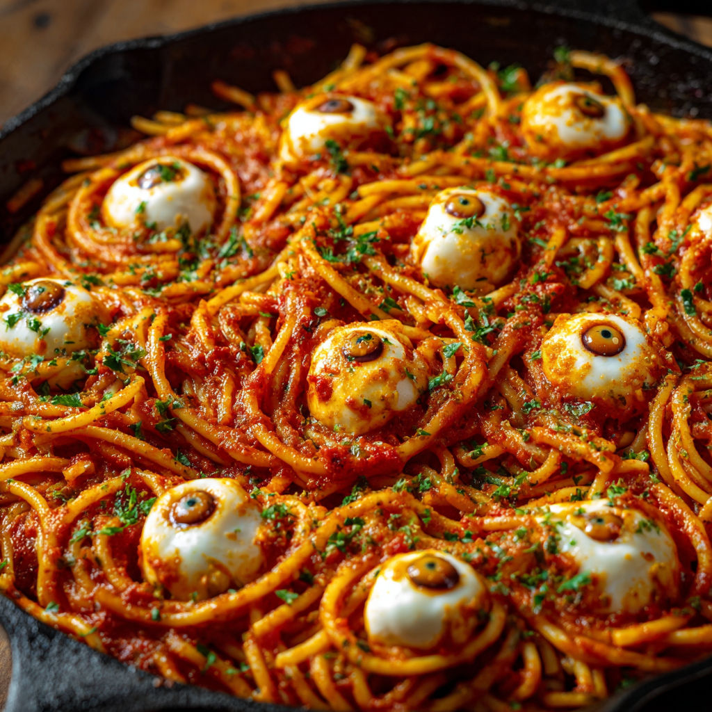 A dish of spaghetti with mozzarella cheese and eyeballs.