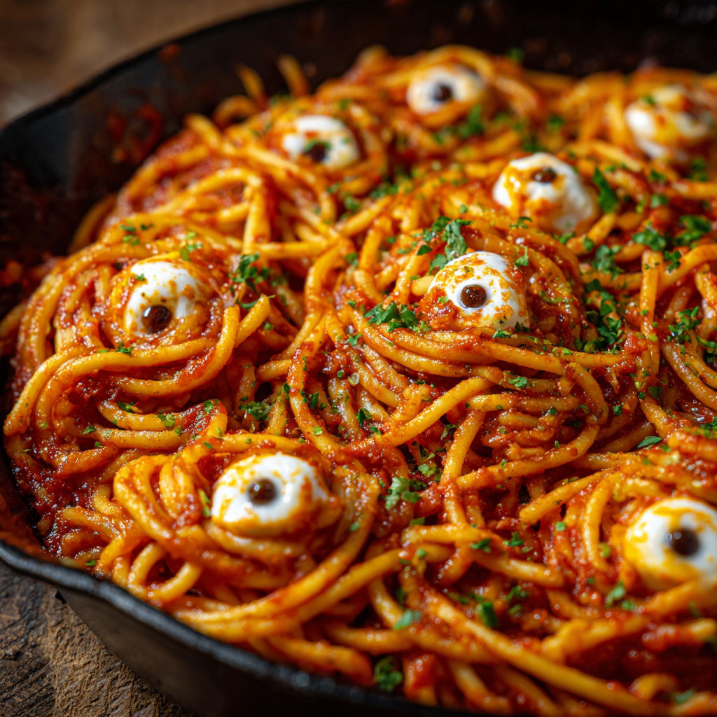 A plate of spaghetti with eyeballs on it.