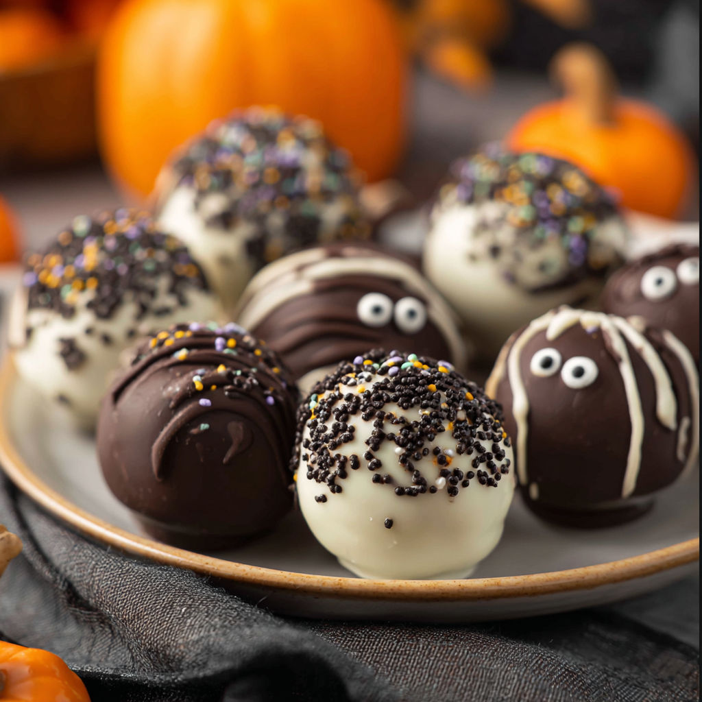 Halloween Oreo Balls on a plate.