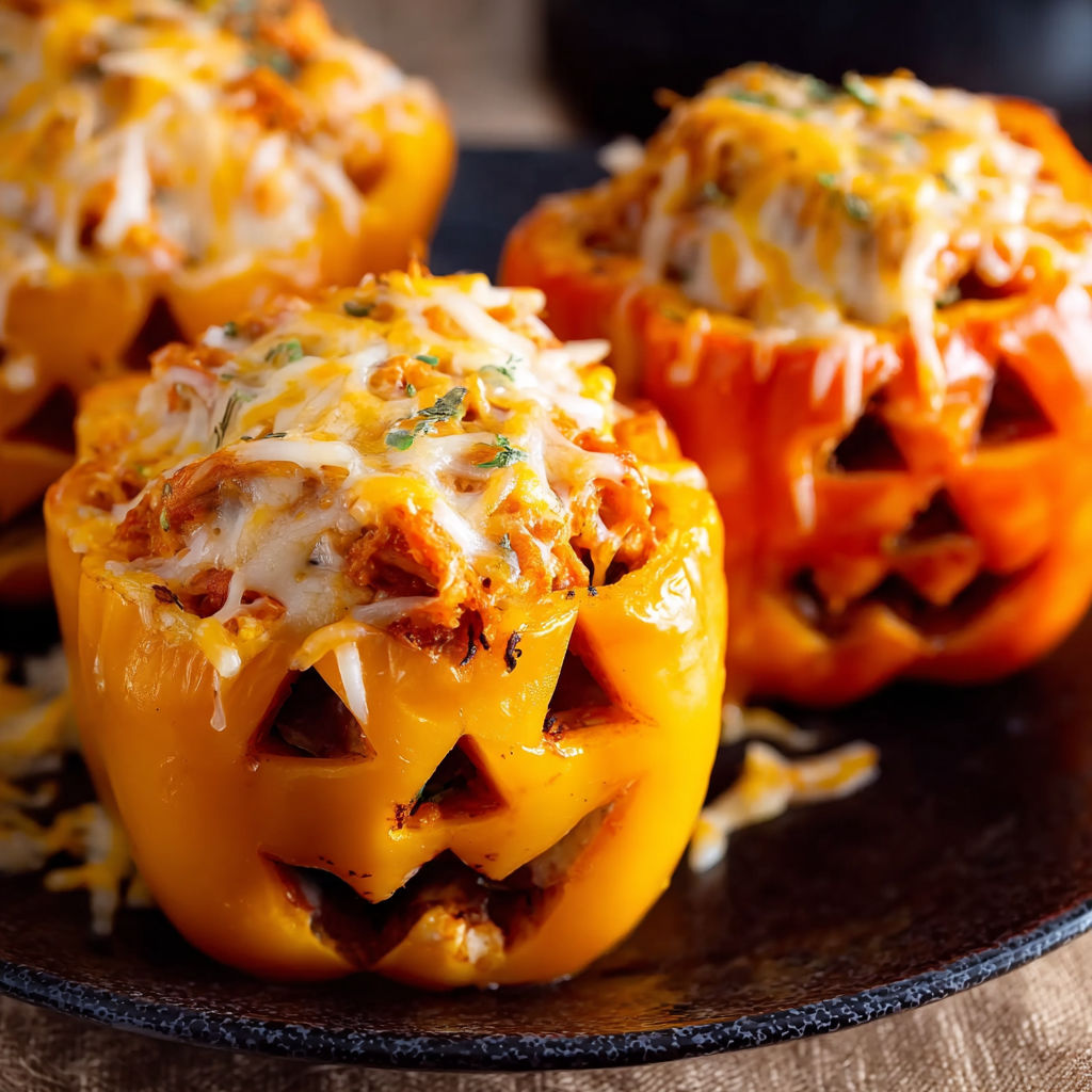 Three stuffed peppers with cheese and bacon, shaped like pumpkins.