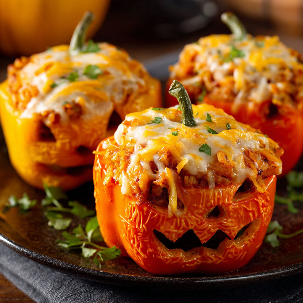 Three peppers with cheese and green toppings.