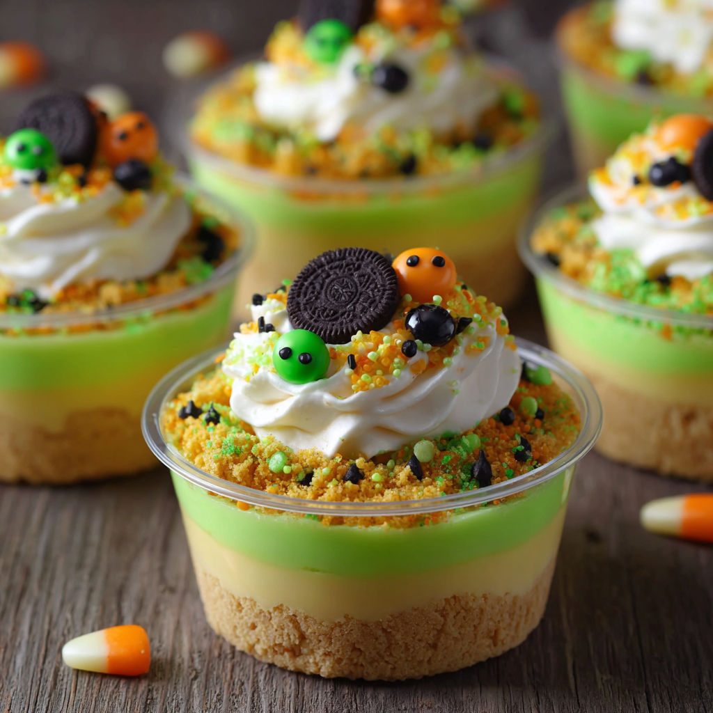 A dessert with a green and orange topping.