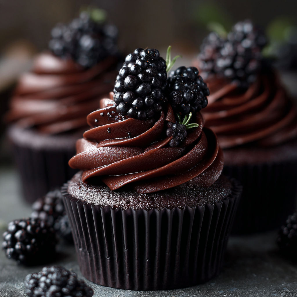 A chocolate cupcake with blackberries on top.