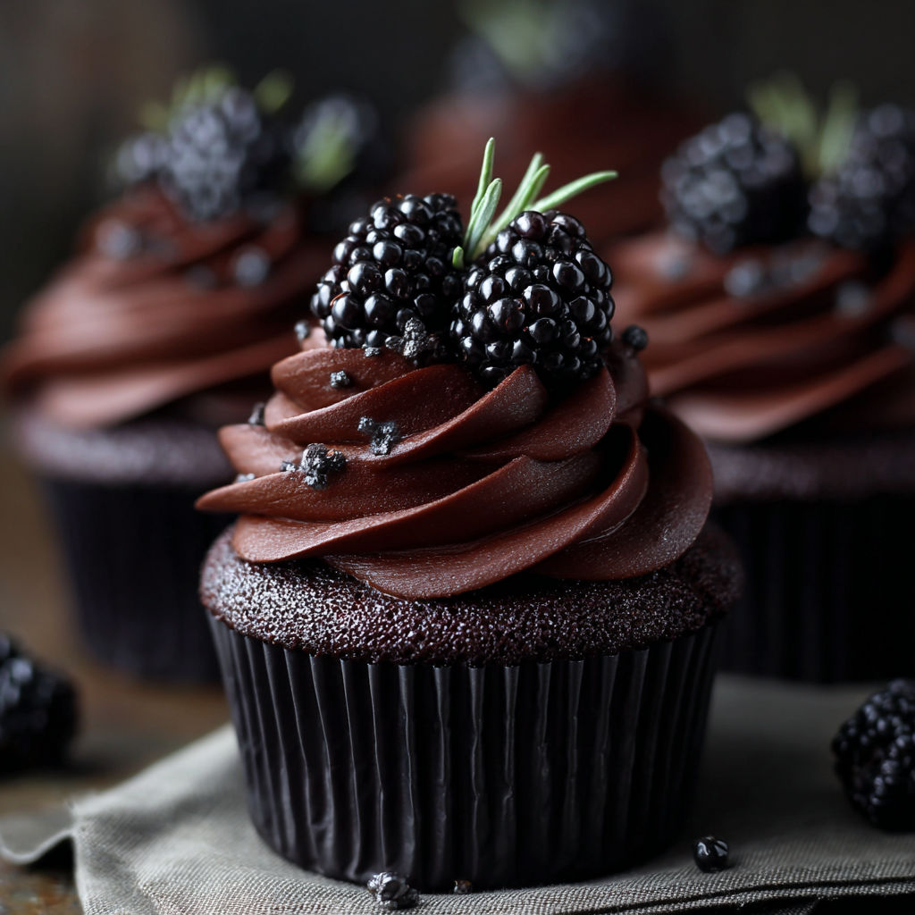 A chocolate cupcake with a blackberry on top.