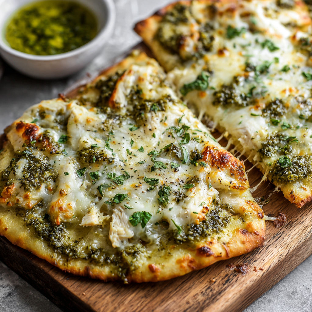 A pizza with chicken and pesto on a wooden board.